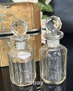 Antique Perfume Set Two Glass Bottles In Velvet Travel Case France 19thC