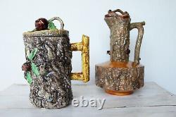 Antique Portuguese Set of Two Palissy Ware Majolica Water Ewer, Cork Oak Decor