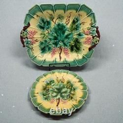 Antique Sarreguemines French Majolica Grapes Leaves Platter & Plate 1880s READ