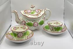 Antique Soft Paste Teapot & 2 Cups & Handless Saucers-Primrose Pattern