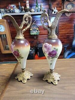 Antique Victorian Mantle Ewer Vase Hand Painted Glass Roses Set of Two