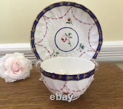 Antique c. 1778 Crown Derby Tea Bowl & Saucer Handpainted Floral with Cobalt Trim