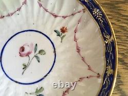 Antique c. 1778 Crown Derby Tea Bowl & Saucer Handpainted Floral with Cobalt Trim