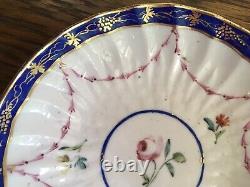 Antique c. 1778 Crown Derby Tea Bowl & Saucer Handpainted Floral with Cobalt Trim