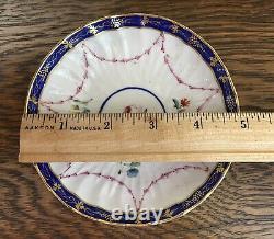 Antique c. 1778 Crown Derby Tea Bowl & Saucer Handpainted Floral with Cobalt Trim