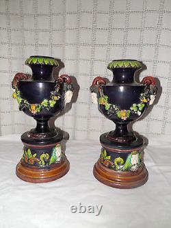 Antique rams head majolica urn, vases set of two Lovely set