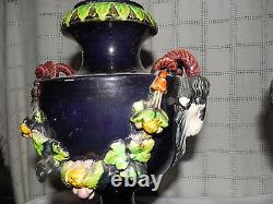 Antique rams head majolica urn, vases set of two Lovely set