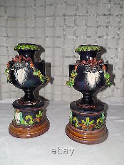 Antique rams head majolica urn, vases set of two Lovely set