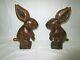 Antique Vtg Set Of Two Wooden Bunny Rabbit Figurine Bookends Home Office Decor
