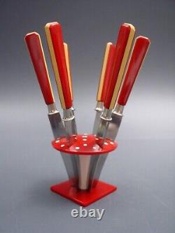 Art Deco two tone FRUIT KNIFE SET red yellow Bakelite mushroom design flatware