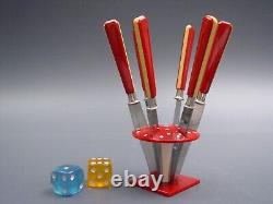 Art Deco two tone FRUIT KNIFE SET red yellow Bakelite mushroom design flatware