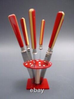 Art Deco two tone FRUIT KNIFE SET red yellow Bakelite mushroom design flatware