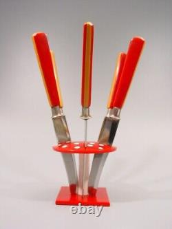 Art Deco two tone FRUIT KNIFE SET red yellow Bakelite mushroom design flatware