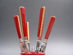 Art Deco two tone FRUIT KNIFE SET red yellow Bakelite mushroom design flatware