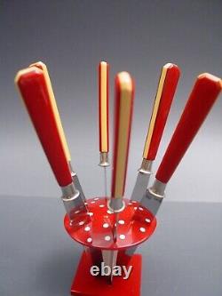 Art Deco two tone FRUIT KNIFE SET red yellow Bakelite mushroom design flatware