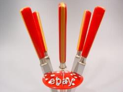 Art Deco two tone FRUIT KNIFE SET red yellow Bakelite mushroom design flatware