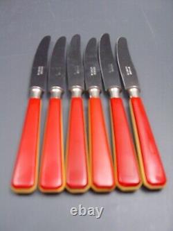 Art Deco two tone FRUIT KNIFE SET red yellow Bakelite mushroom design flatware