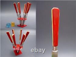 Art Deco two tone FRUIT KNIFE SET red yellow Bakelite mushroom design flatware