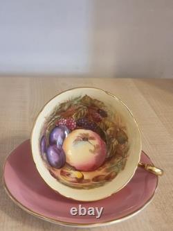 Aynsley Pink Teacup & Saucer Set Orchard Fruit Interior Signed D. Jones Vintage