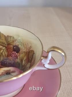 Aynsley Pink Teacup & Saucer Set Orchard Fruit Interior Signed D. Jones Vintage