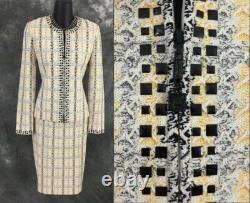 BEAUTIFUL St John Collection knit yellow white black jacket skirt suit size 2