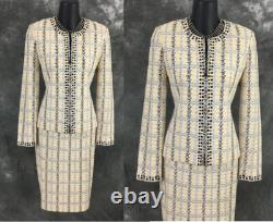 BEAUTIFUL St John Collection knit yellow white black jacket skirt suit size 2