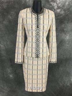 BEAUTIFUL St John Collection knit yellow white black jacket skirt suit size 2