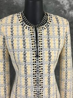 BEAUTIFUL St John Collection knit yellow white black jacket skirt suit size 2