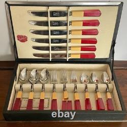 Bakelite Two-Tone Butterscotch Cherry Art Deco Englishtown Flatware Set in Box