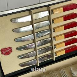 Bakelite Two-Tone Butterscotch Cherry Art Deco Englishtown Flatware Set in Box
