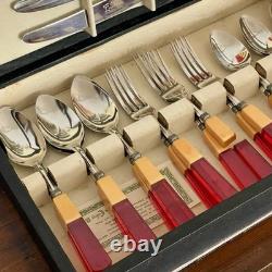 Bakelite Two-Tone Butterscotch Cherry Art Deco Englishtown Flatware Set in Box
