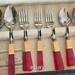 Bakelite Two-Tone Butterscotch Cherry Art Deco Englishtown Flatware Set in Box