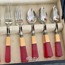 Bakelite Two-Tone Butterscotch Cherry Art Deco Englishtown Flatware Set in Box