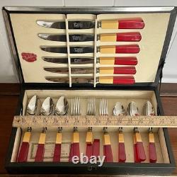 Bakelite Two-Tone Butterscotch Cherry Art Deco Englishtown Flatware Set in Box