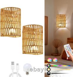 Battery Operated Rattan Wall Sconces Set of Two, Cordless RGB Handwoven Boho W