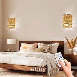 Battery Operated Rattan Wall Sconces Set of Two, Cordless RGB Handwoven Boho W