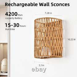 Battery Operated Rattan Wall Sconces Set of Two, Cordless RGB Handwoven Boho W