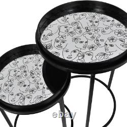 Black and White Linework Face Art Tray Table Set of Two Nesting Tables