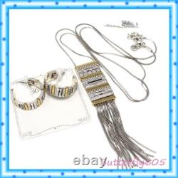 Brighton Tapestry Fringe Long Two Tone Necklace Hoop Earrings Set $180 Pouch