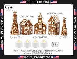 Ceramic Gingerbread House Set with LED Tea Lights and Trees for Christmas Decor