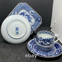 Ching-Te-Chen Blue&White China. Tea Set For Two. 3 Plates, 2 Saucers and 2 Cups