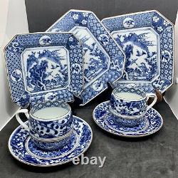 Ching-Te-Chen Blue&White China. Tea Set For Two. 3 Plates, 2 Saucers and 2 Cups