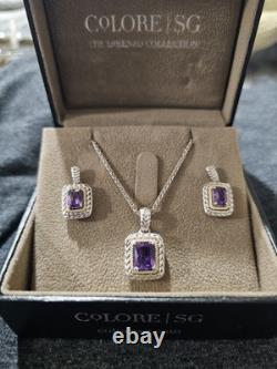 Colore SG. 925 & 18Kt Gold Two Tone Amethyst Necklace & Earring Set With Box