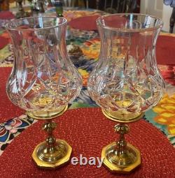 Crystal Hurricane Candle Holder Set (Two) With Brass Base 11 1/2 Inches