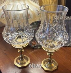 Crystal Hurricane Candle Holder Set (Two) With Brass Base 11 1/2 Inches