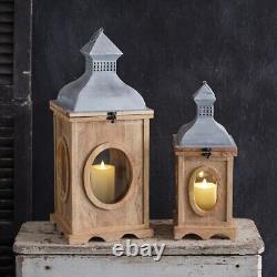 Elegant Wood Metal Set of Two Oxeye Candleholder Lanterns