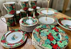 Fitz and Floyd Classics Holiday Pine China 8 pc SET mugs, plates, two tier tray