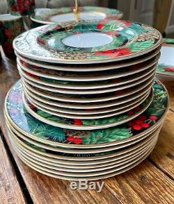 Fitz and Floyd Classics Holiday Pine China 8 pc SET mugs, plates, two tier tray