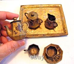 Floral Antique Miniature Japanese Meiji Gilt Metal Copper Childs Tea Set for Two
