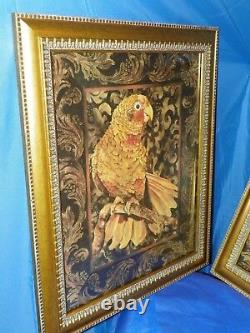 Gold Bronze Framed Pictures Of Yellow Parrot- Set Of Two By Artist Wood